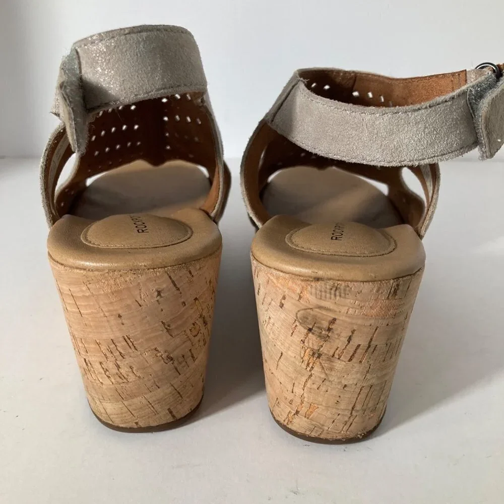 Womens Rockport Briah Slingback Suede Wedge Sandal‎ Laser Cut Metallic Khaki 8